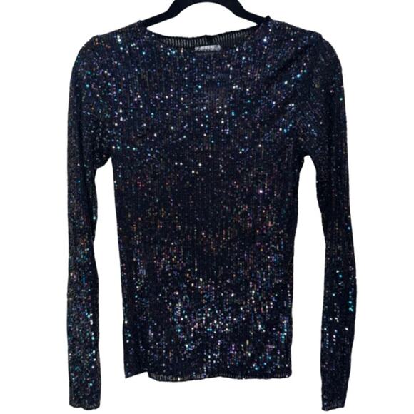 Free People Gold Rush Sequin Long Sleeve Top - Black Combo Size XS - Picture 6 of 8
